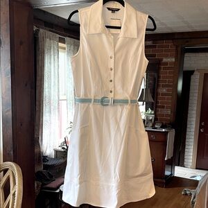 Sharagano White Midi Dress with Blue Belt